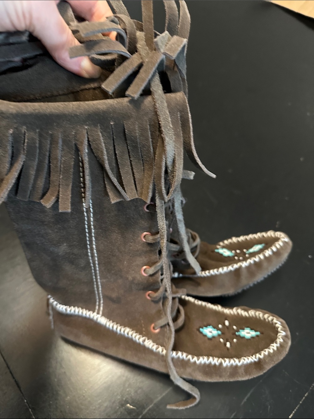 Women's Brown Suede Fringe Moccasin Boots with Beaded Accent
